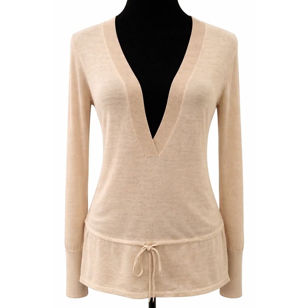 Theory Womens Tunic Sweater Small Brown Sheer Drawstring Drop Waist Linen Silk
